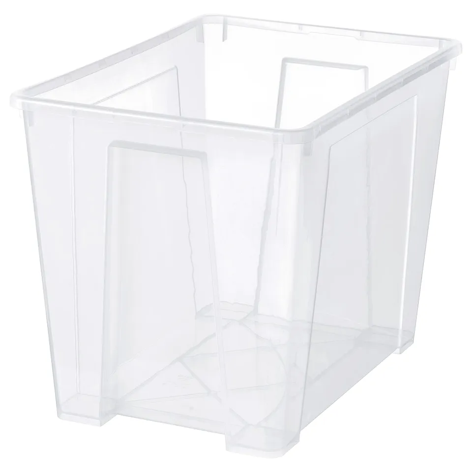 A clear SAMLA plastic storage box, square-shaped with reinforced base, designed for keeping seasonal items, sports gear, or tools.