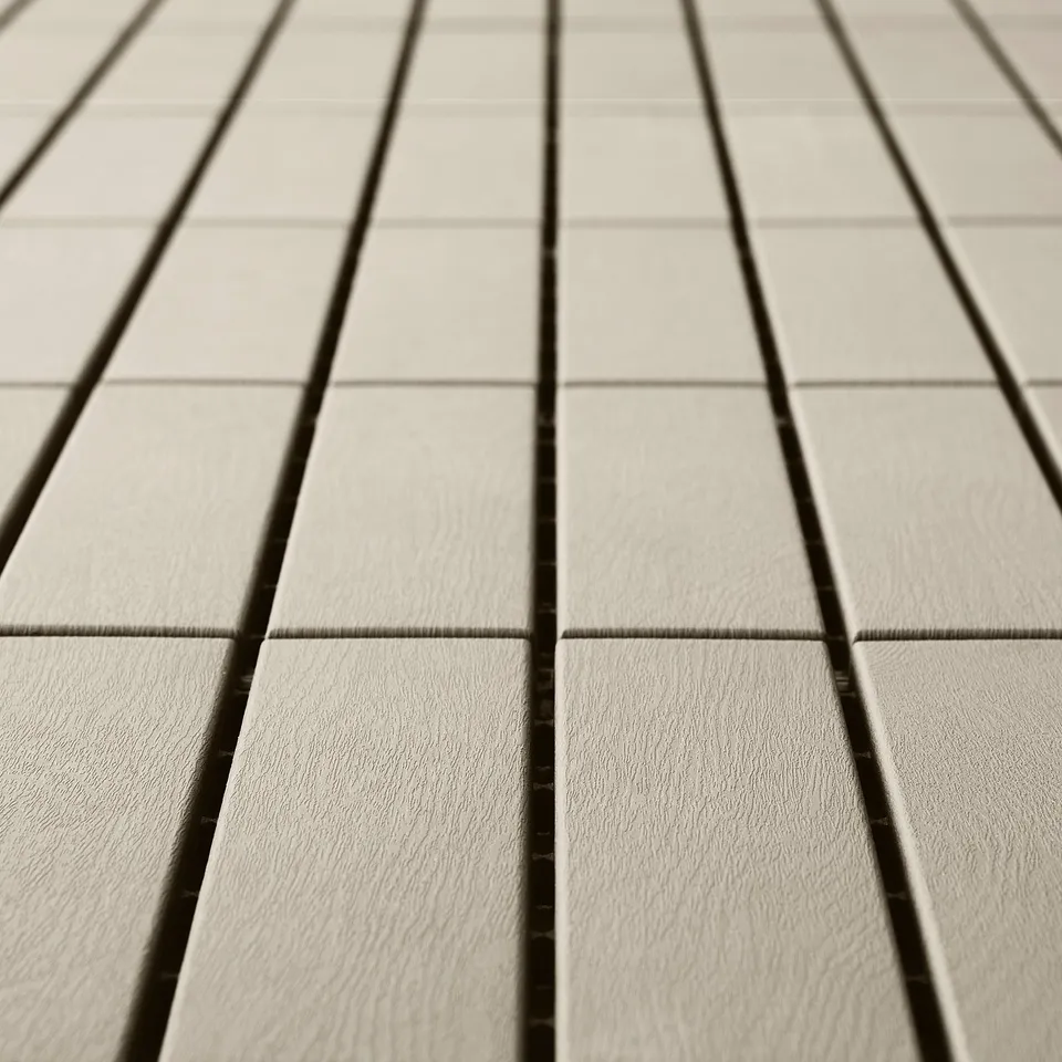 Modern, light-colored composite floor panels arranged neatly, showcasing quality and design.