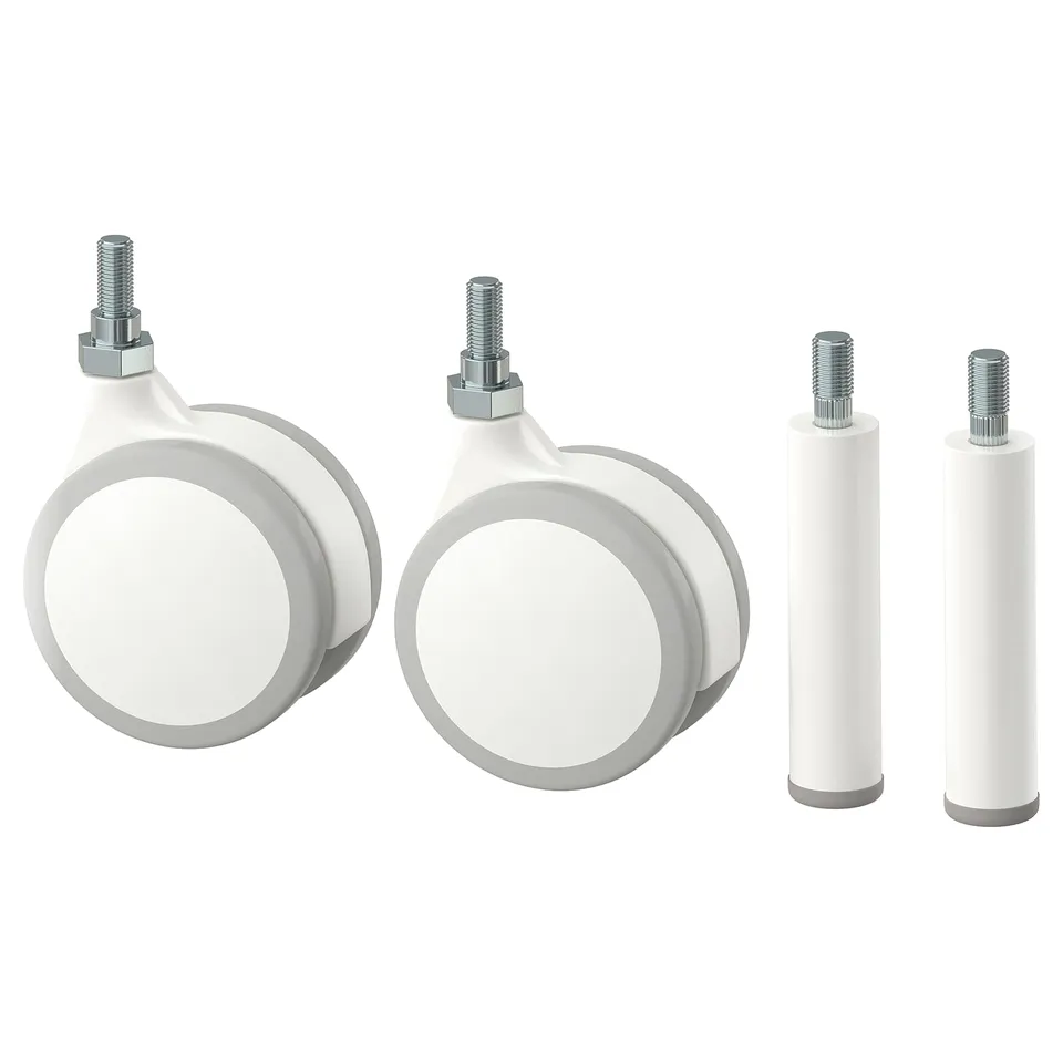 Set of 4 white JONAXEL castors, 2 with bolts, 2 without, made of polypropylene plastic.