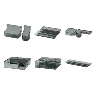 VISSLAÅN set: hanging organiser, set of 2 + hanging tray + drawer organisers, set of 3 + box with lid, set of 5 + box with compartments + drawer organiser, grey