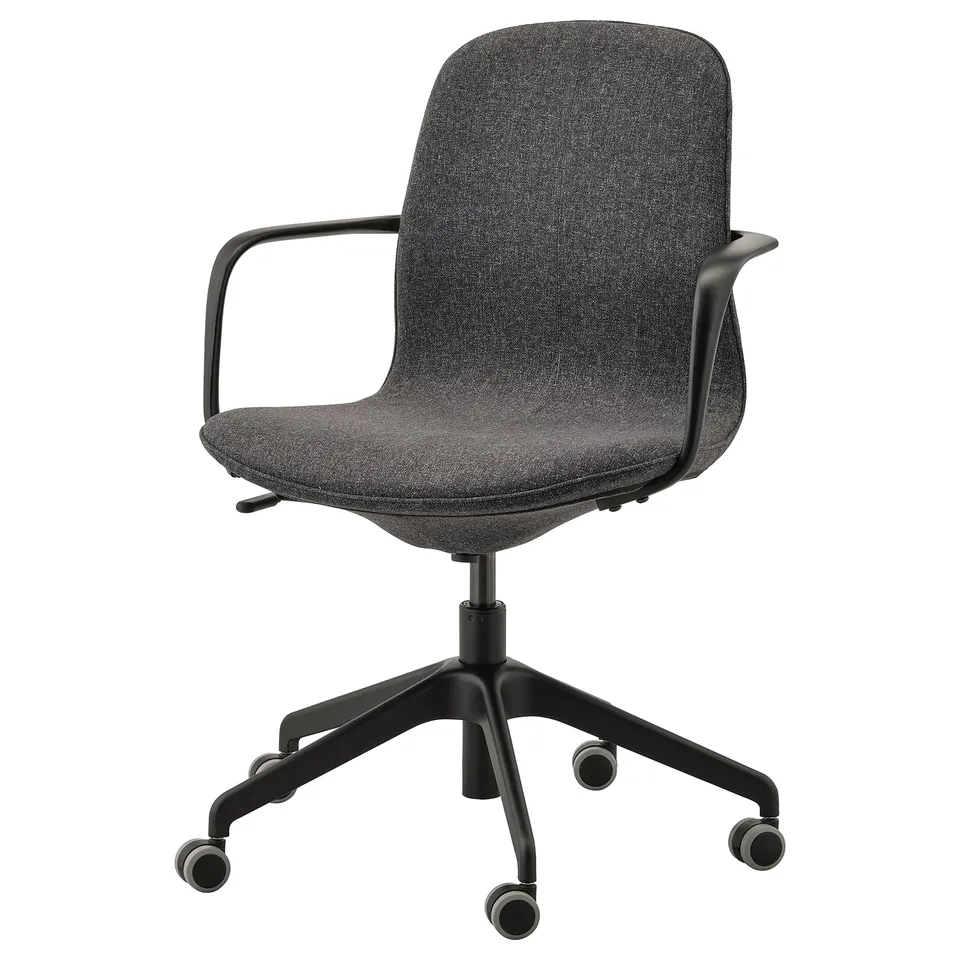 LÅNGFJÄLL office chair in dark grey fabric. Five-star base with wheels. Padded seat and back for comfort. Black metal arms and frame.