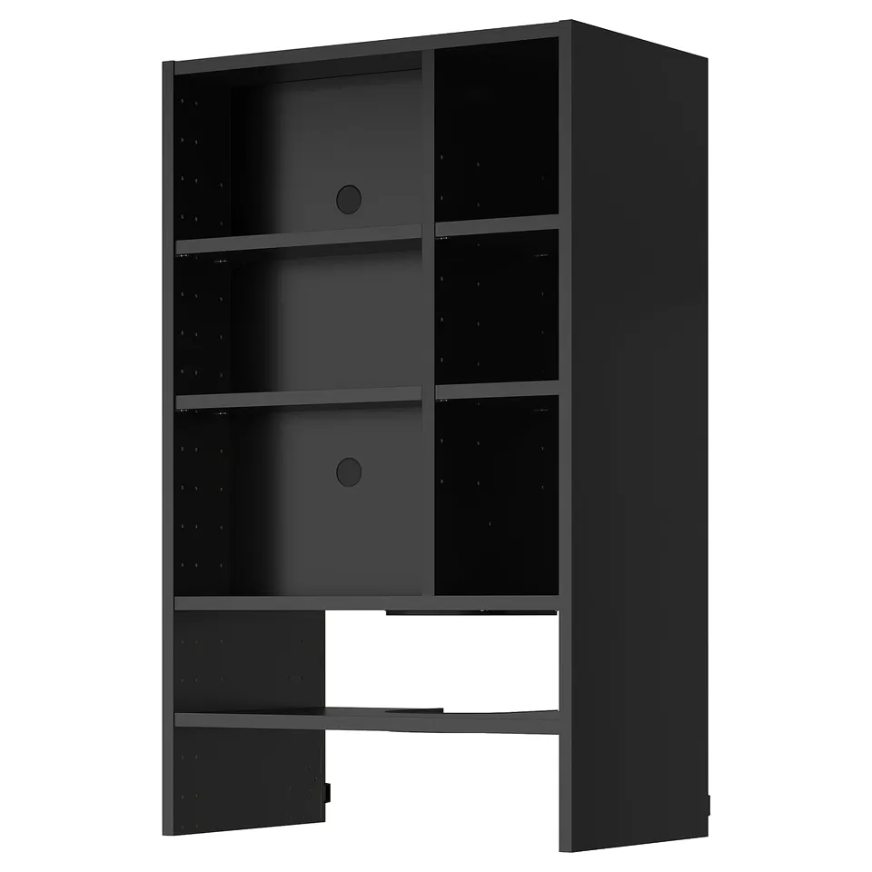 Black METOD wall cabinet, sleek design, dark colour, square shape, melamine surface, adjustable shelves, 25-year guarantee.