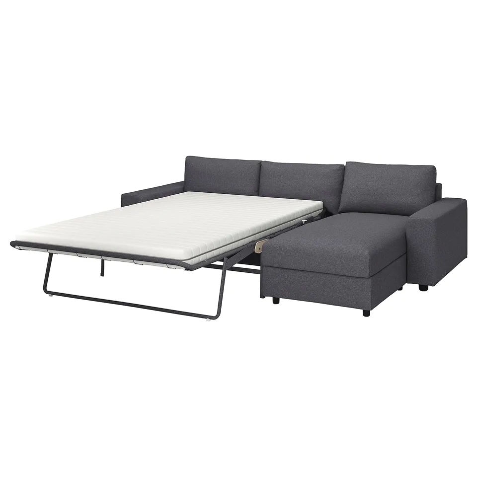 VIMLE sofa-bed, dark grey, l-shaped, with memory foam mattress.