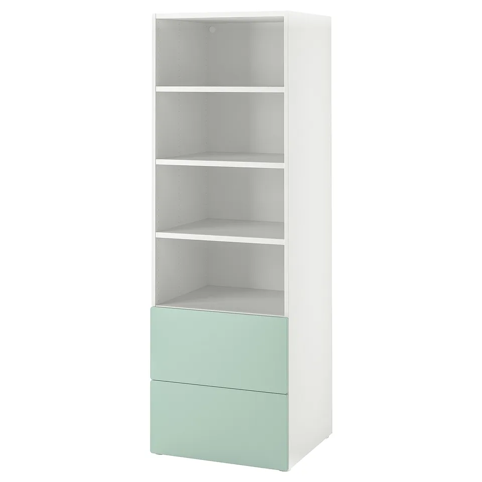 White and light green kids bookcase with open shelves and drawers.