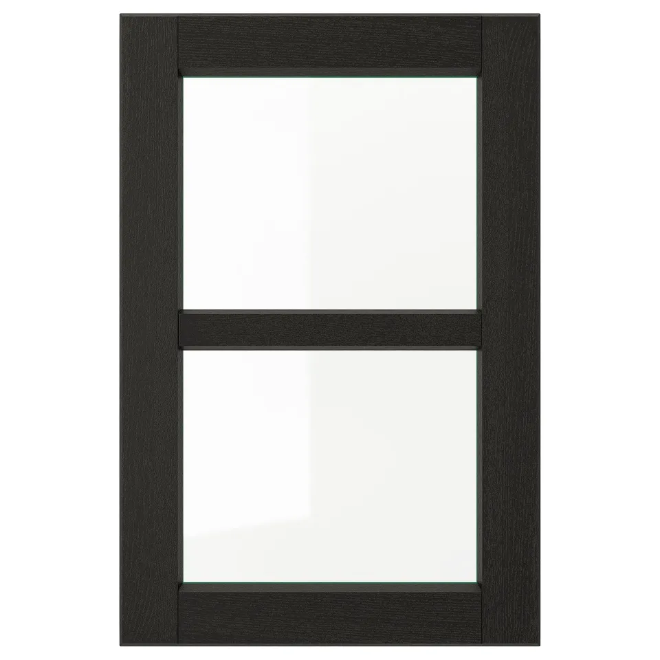 A LERHYTTAN black wooden kitchen cabinet door with a glass panel and bevelled edges.
