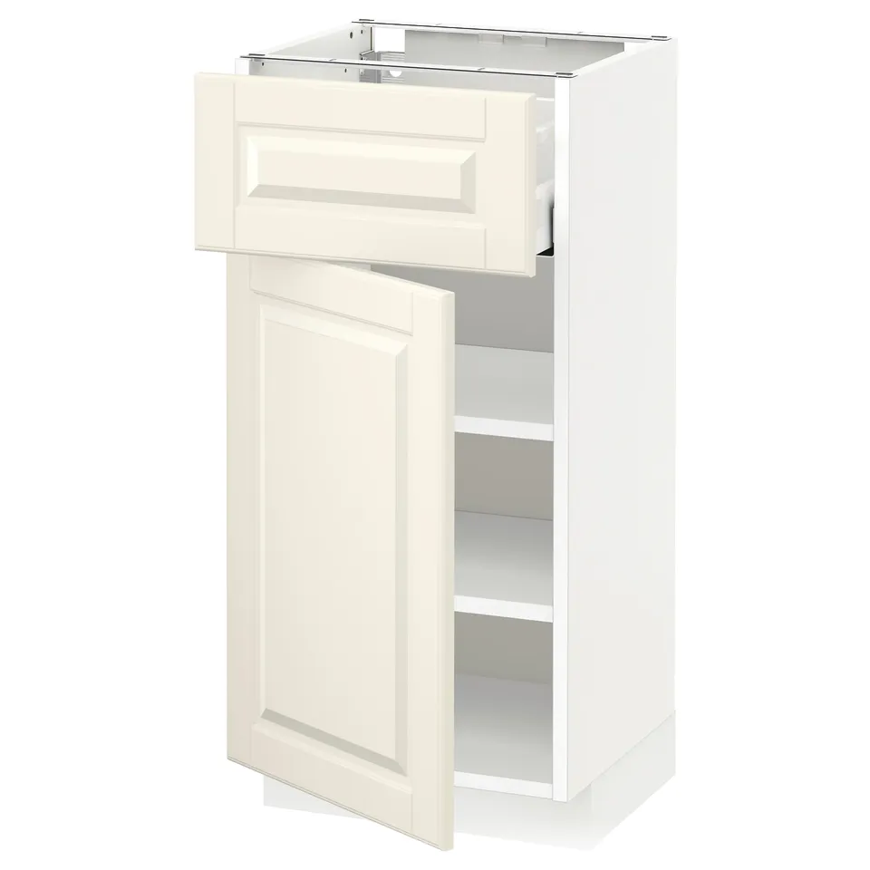 An off-white METOD kitchen cabinet with a drawer and door. It bevelled edges and a sturdy frame.