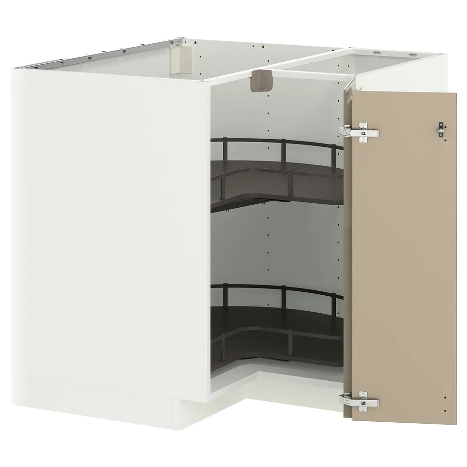 White corner kitchen unit with shelves, beige door.