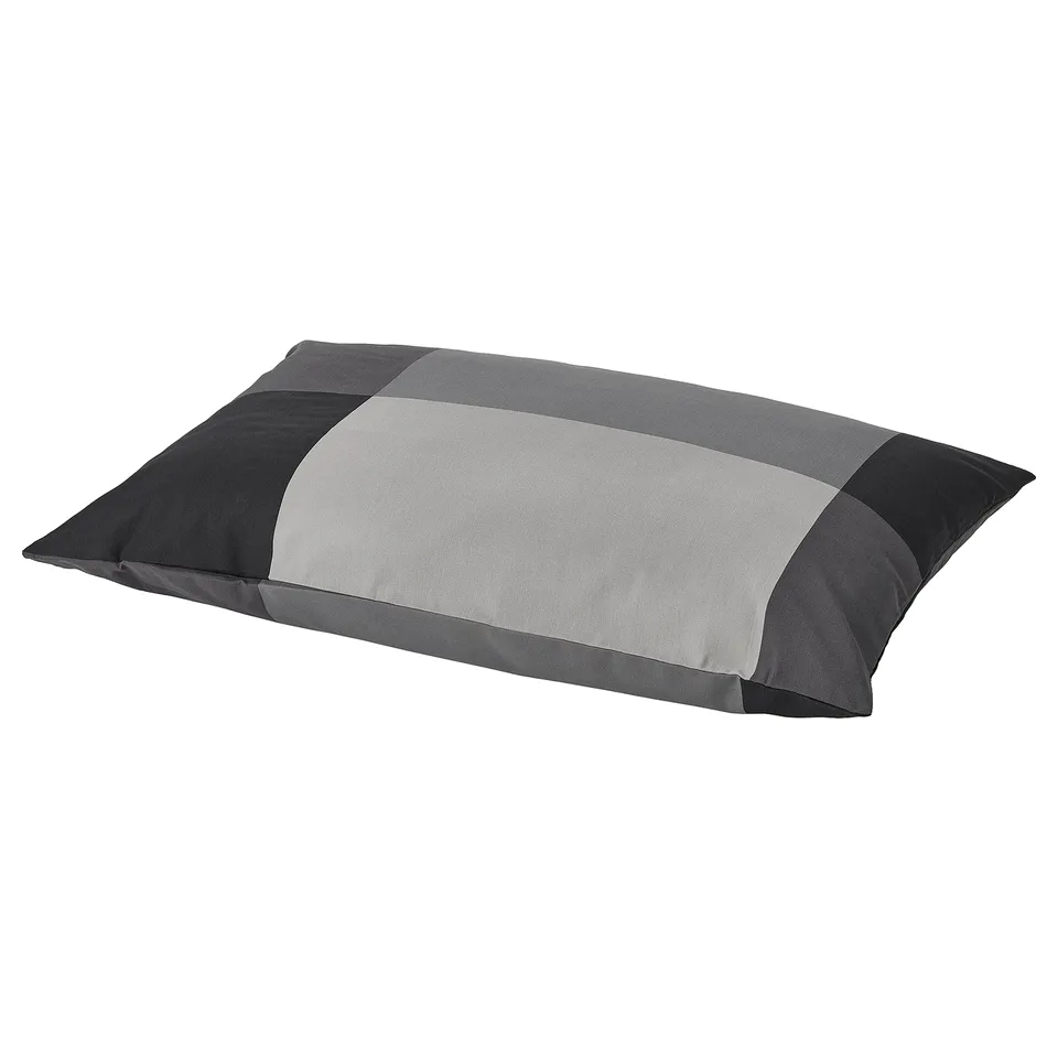 BRUNKRISSLA pillow in grey hues, rectangular with a bold check pattern. Soft cotton-viscose blend.