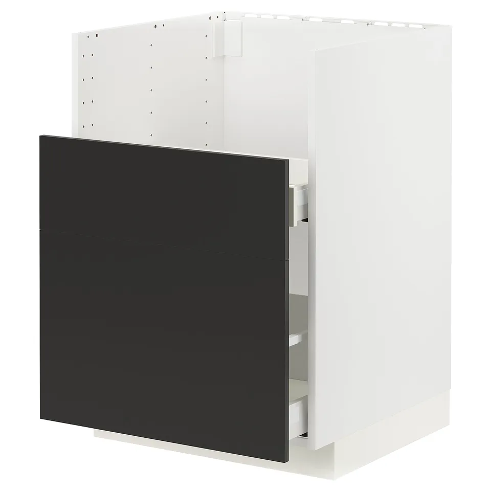 Modern kitchen cabinet: METOD with black nickebo drawers, sleek design, sturdy frame, 25-year guarantee.