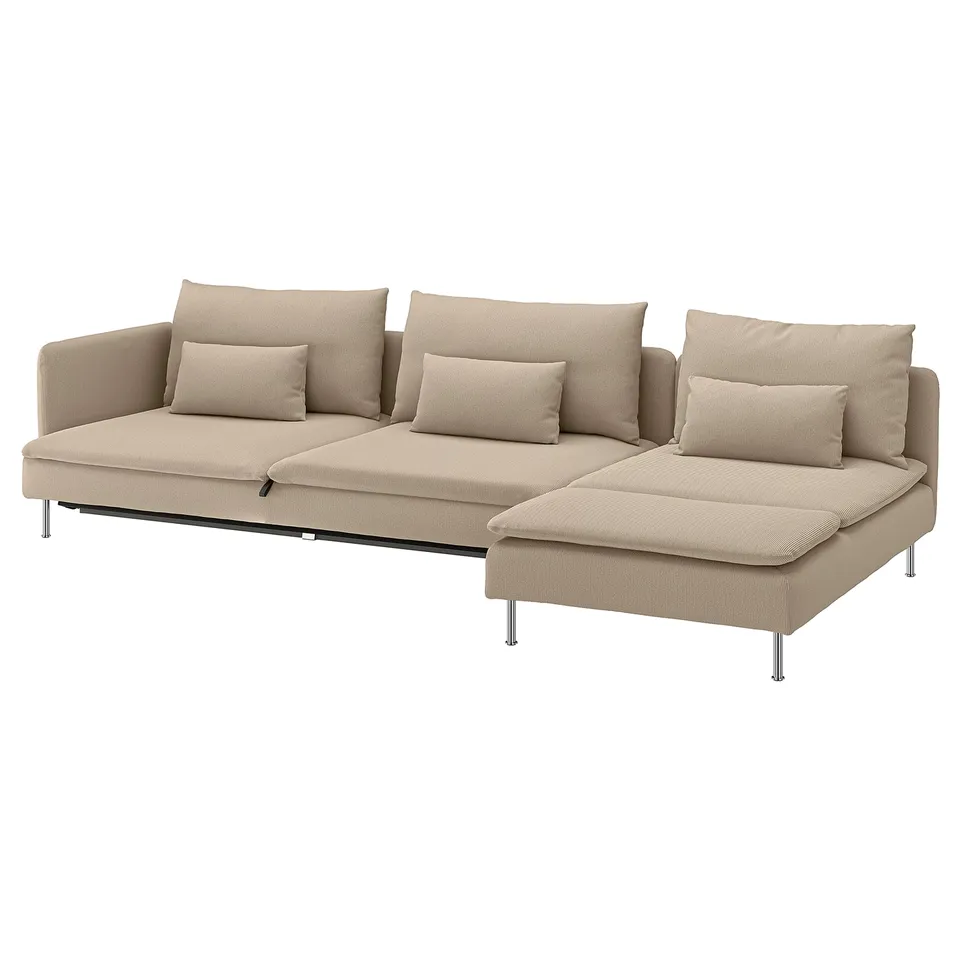 A beige SÖDERHAMN sectional sofa bed with a sleek design, featuring multiple cushions and supported by slim metal legs.