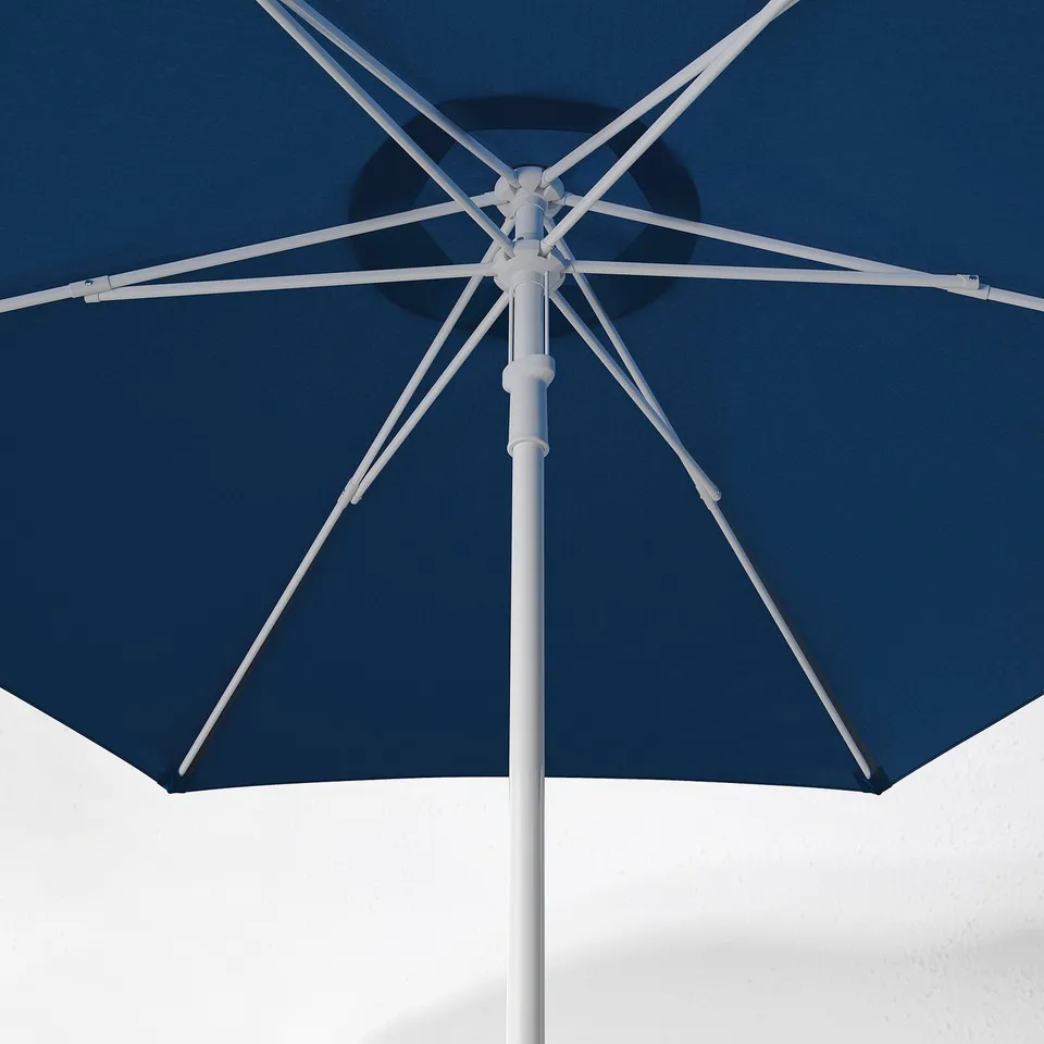 A high-quality navy-blue parasol with a sturdy white pole and metallic ribs, designed for durable sun protection.