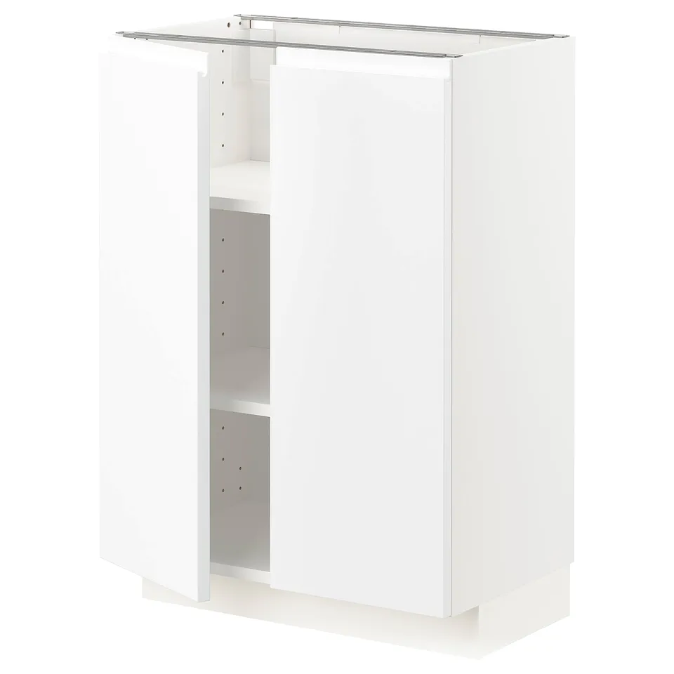 A white METOD kitchen cabinet with adjustable shelves and no visible doors.
