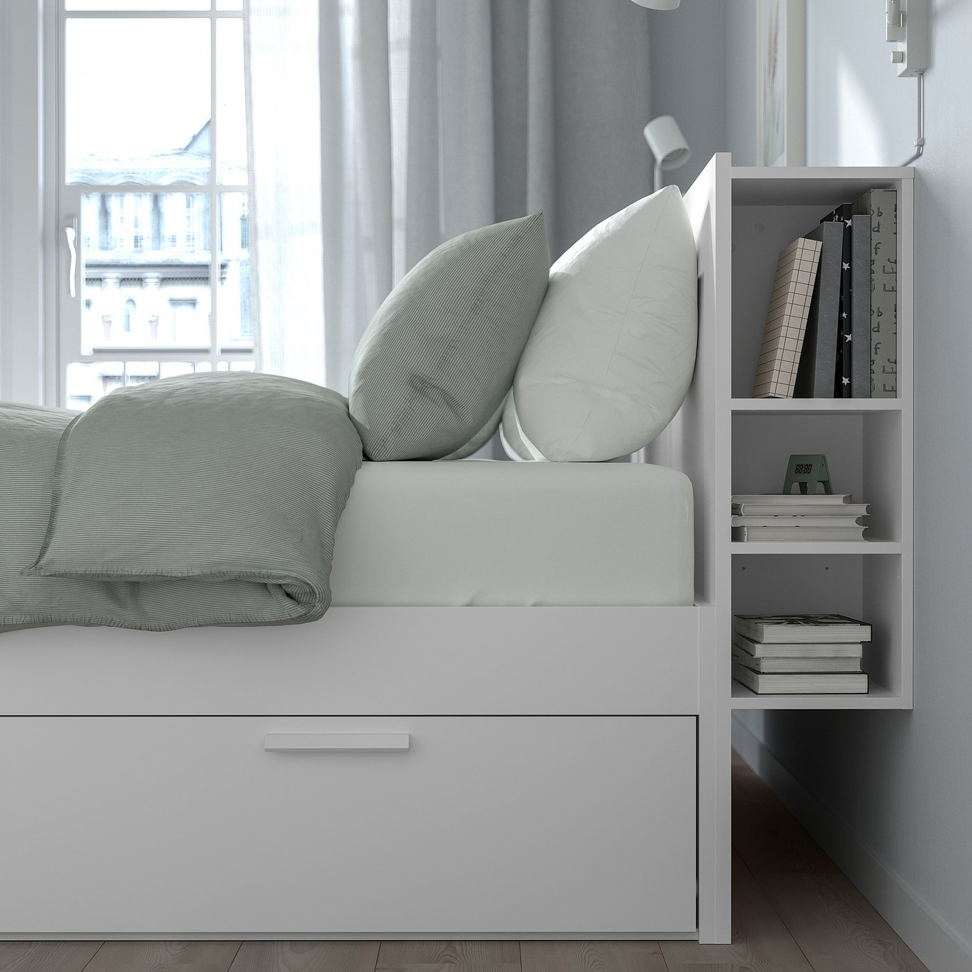 Bed with drawers under mattress, headboard storage, adjustable bed sides.
