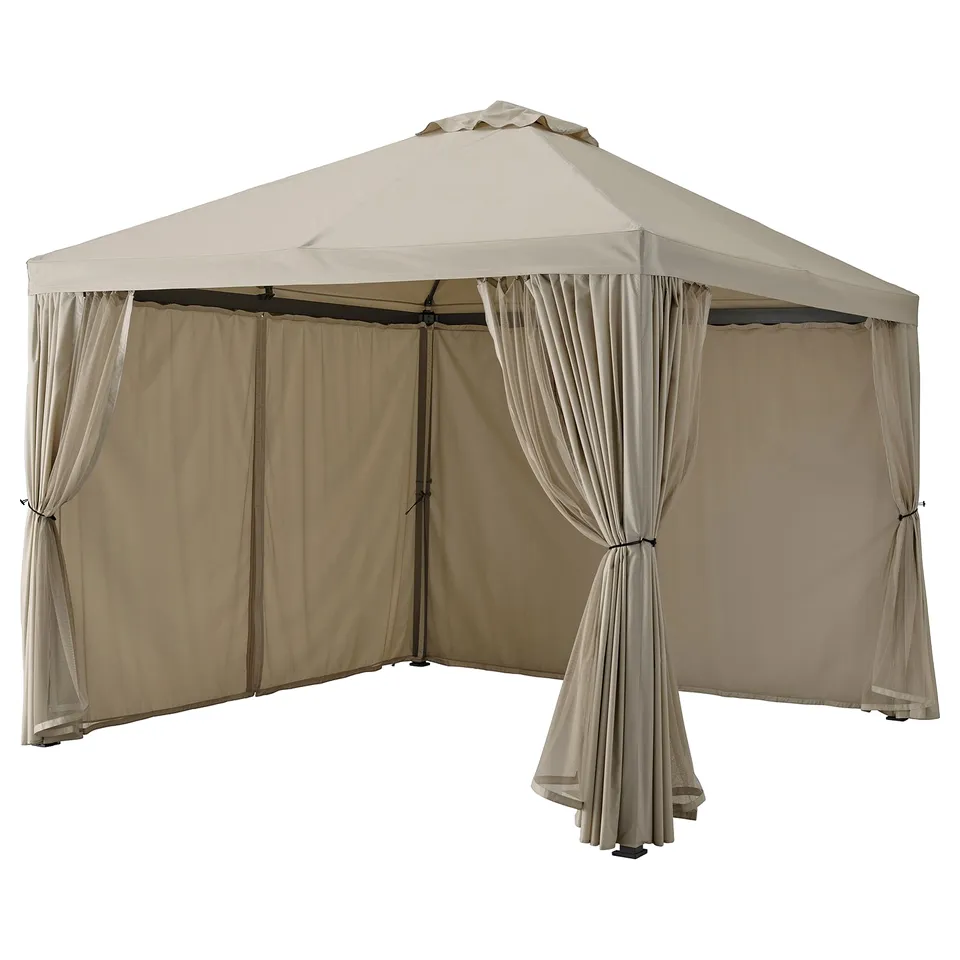 HIMMELSÖ gazebo, beige, square, portable shelter with mesh curtains for outdoor dining or relaxing.