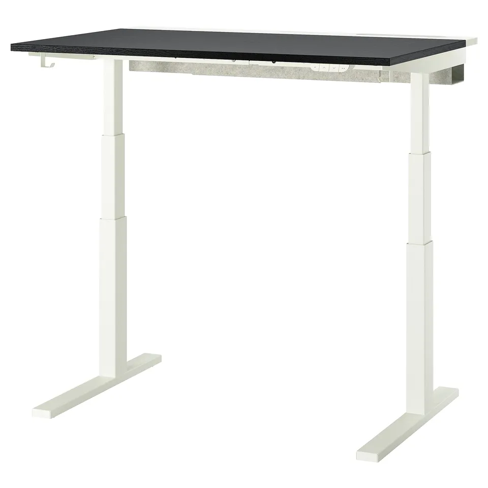 MITTZON sit-stand desk, black top, white legs. Adjustable height, modern design.