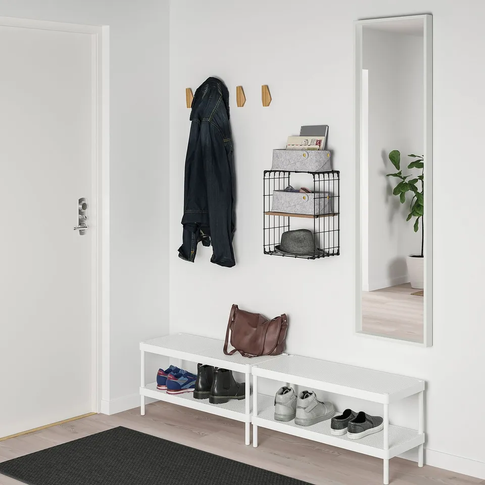 Modern entryway with GULLHULT shelf & bench; mirror.