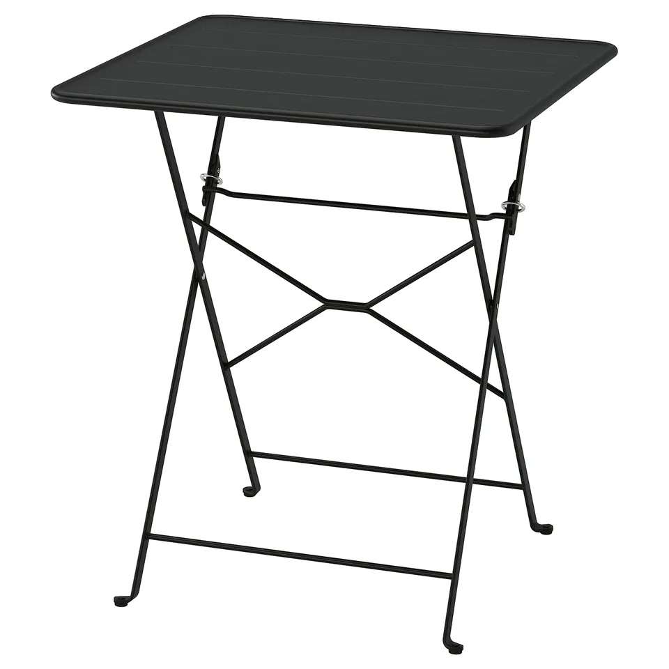 A black SUNDSÖ folding outdoor table made of steel and plastic, with a rectangular top and a foldable x-shaped base.
