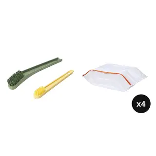 PEPPRIG/PÄRKLA set: 2 in 1 shoe brush with scraper + shoe bag x4, green/yellow