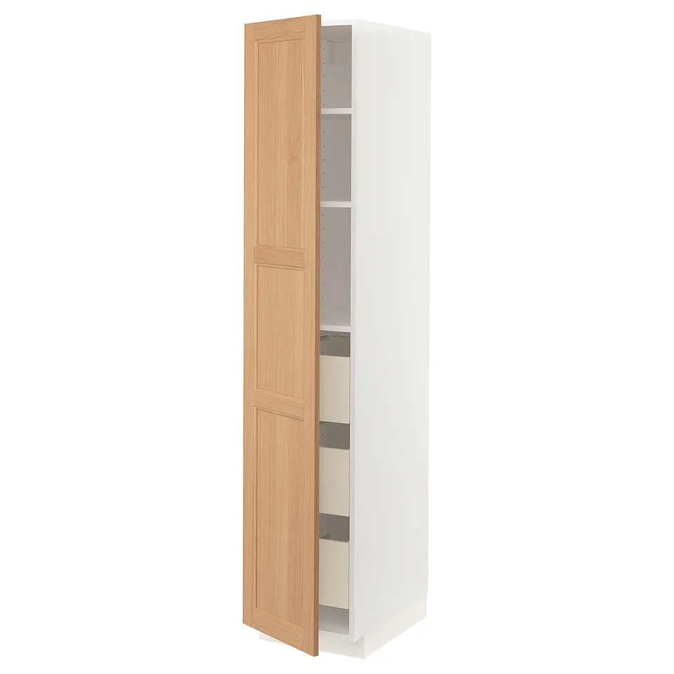 White METOD kitchen cabinet with oak door, modern design, four shelves.