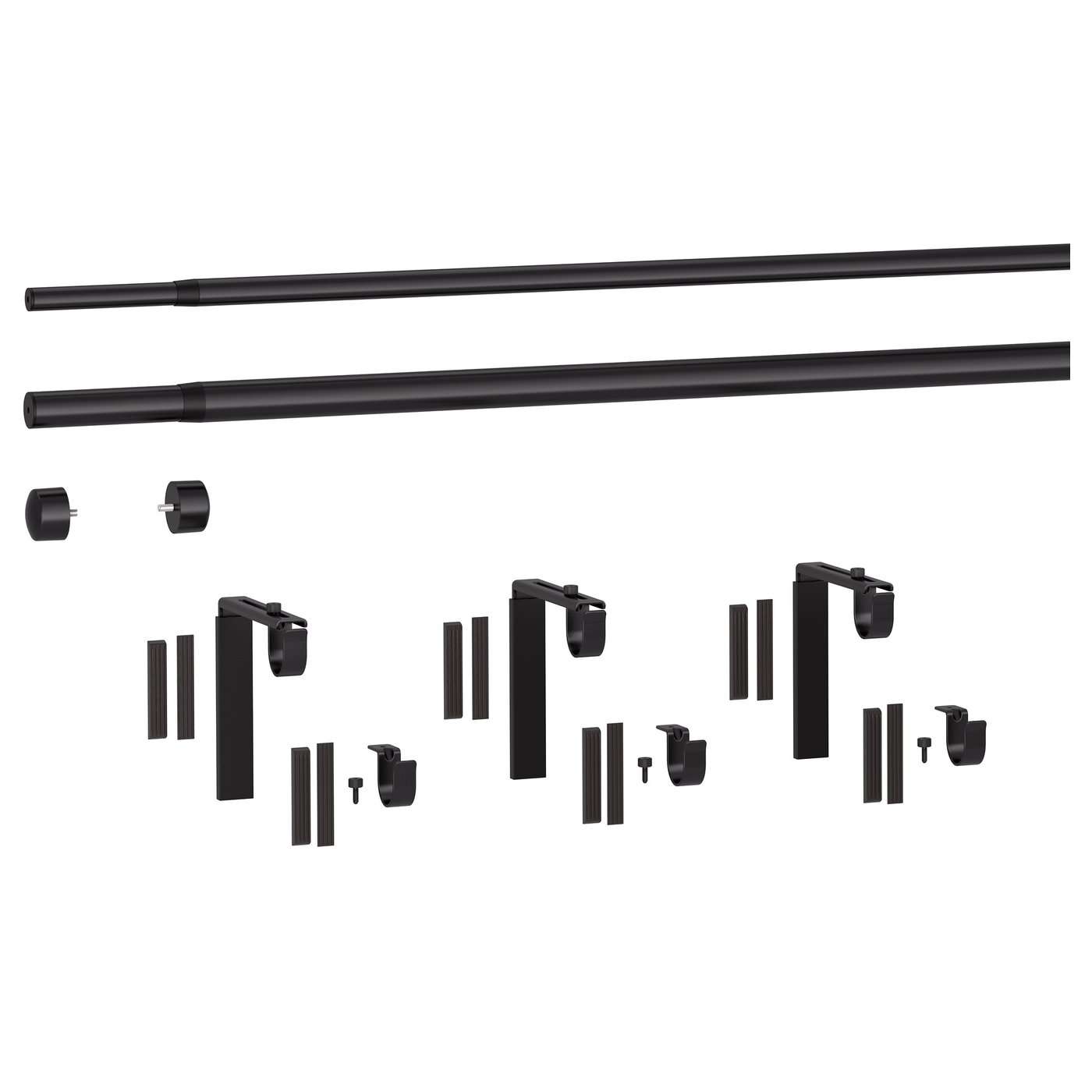 Black RÄCKA curtain rod kit; includes rods, brackets, and finials for customizable curtain solutions.