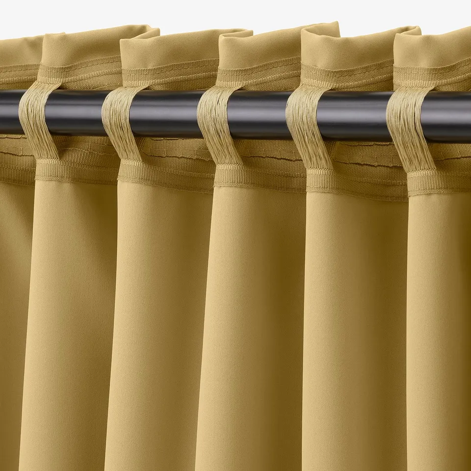 Beige-yellow curtains with back tabs hang smoothly, offering privacy and light control, customised with multi-way rod pocket for versatile hanging.