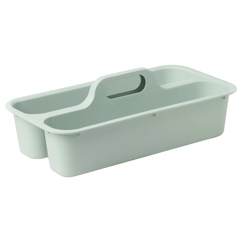 A PEPPRIG cleaning bucket in light green, made of recycled polypropylene plastic. It has a handle for easy carrying and a wavy base for mop cleaning.