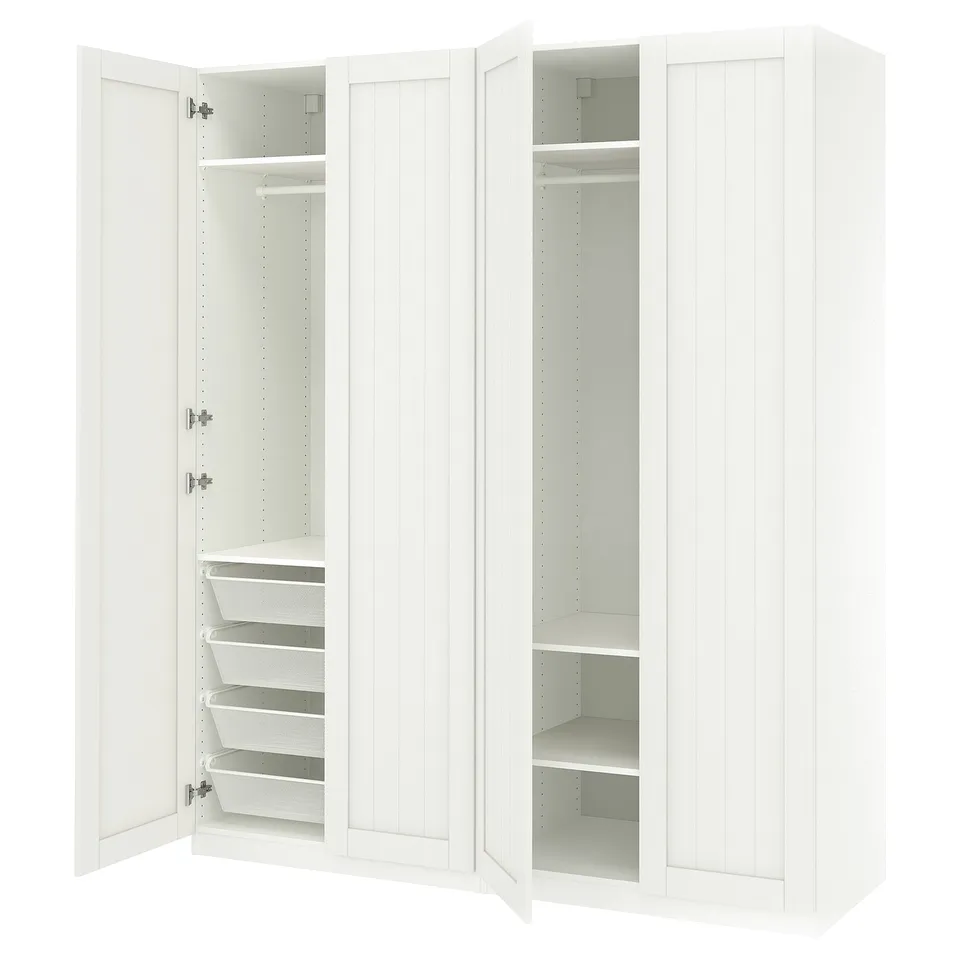 White PAX wardrobe with open doors, mesh baskets, and shelves.