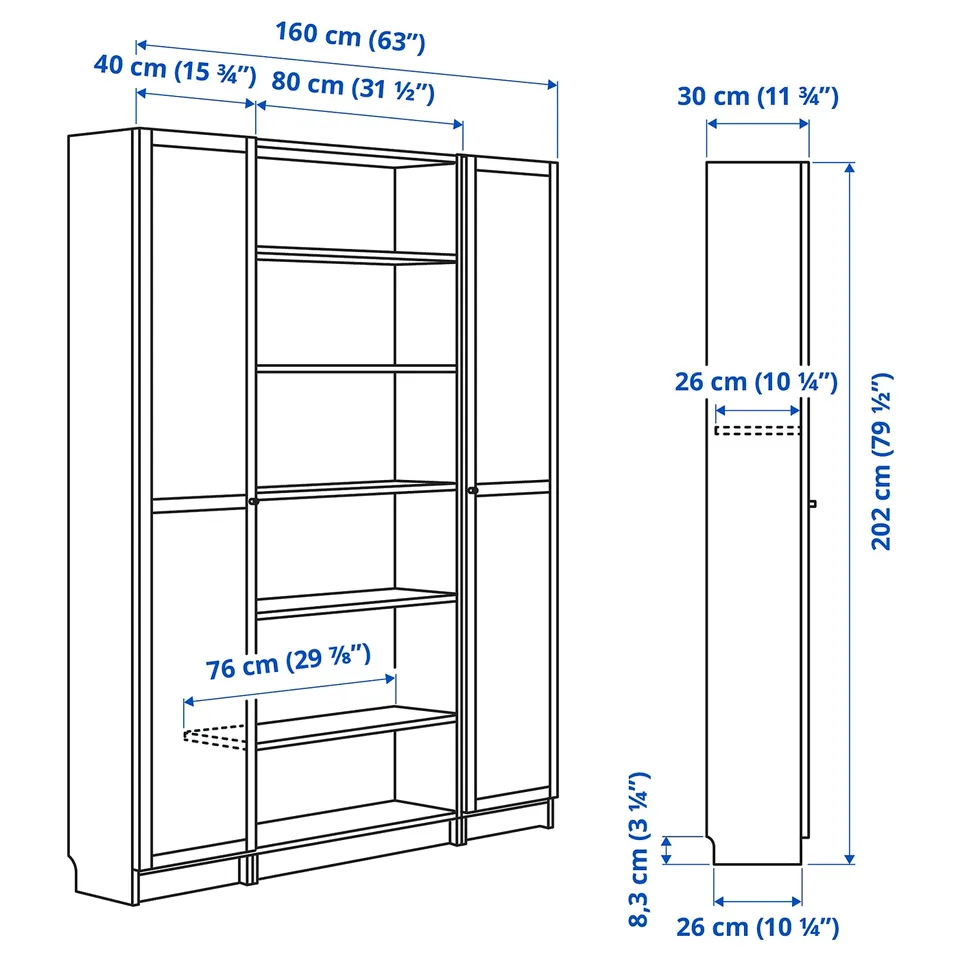 Illustration with measurements for the product: BILLY.