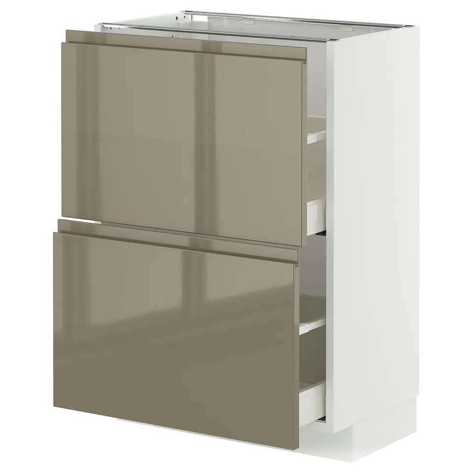 Modern kitchen unit, METOD model, in metallic bronze with high gloss finish, sleek drawers, white frame, spacious design.