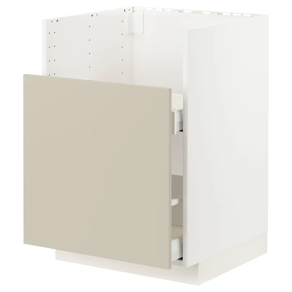 METOD kitchen cabinet in beige with smooth fronts, white interior, and multiple shelves.