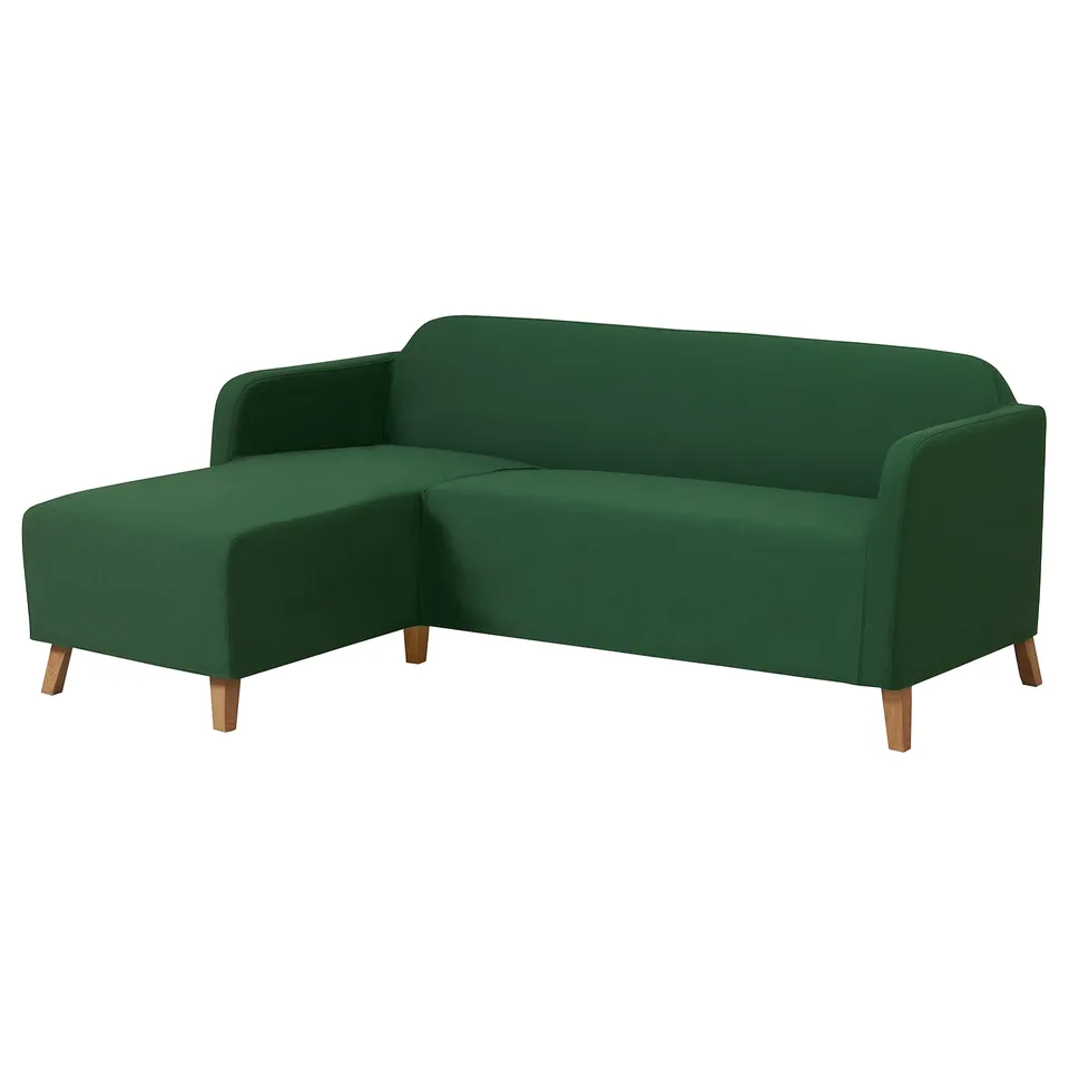 Green 3-seat sofa with chaise longue, modern design, wooden legs, removable cover.