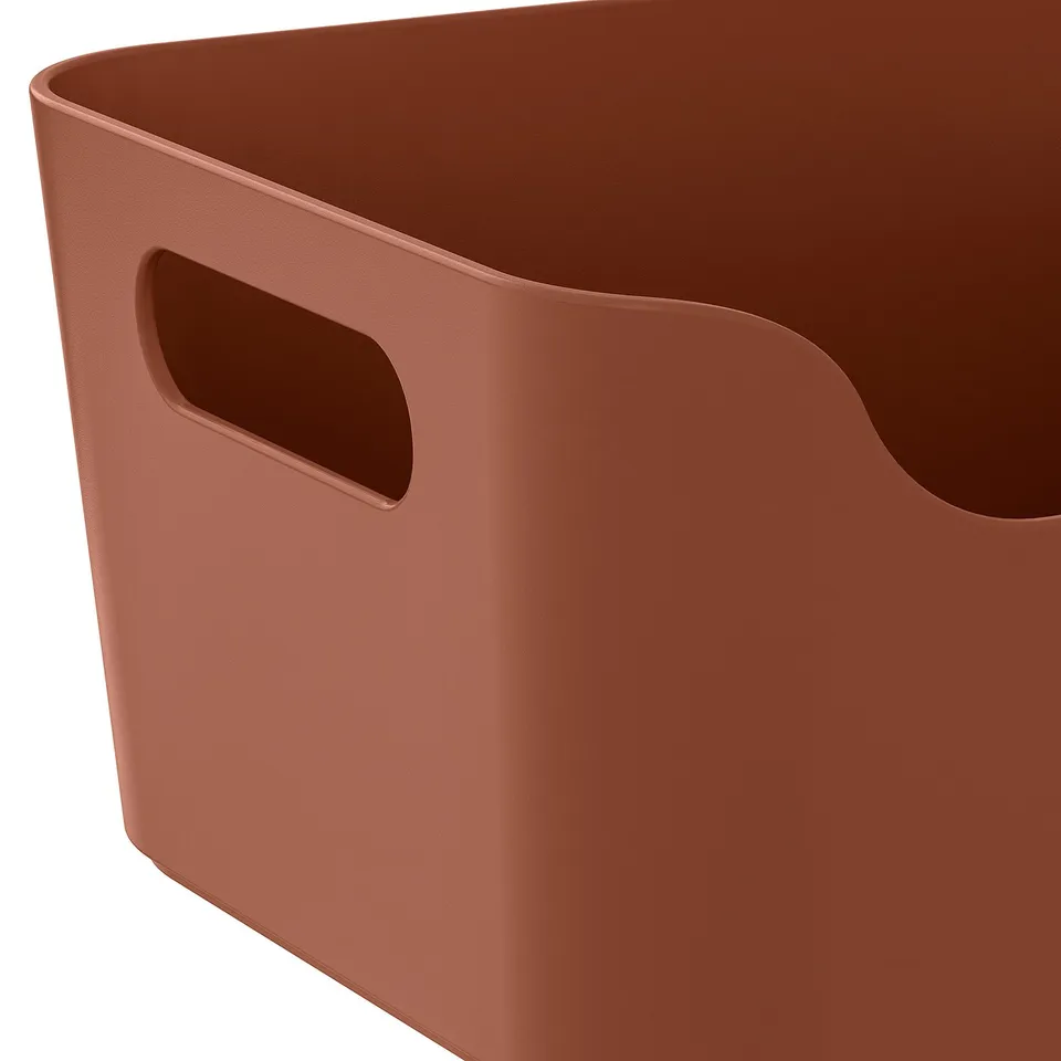 Brown storage bin with handles, sturdy and matte finish, ideal for organising and transporting items.