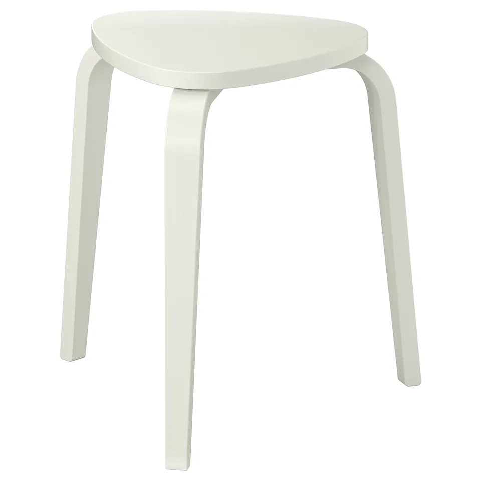 KYRRE stool, white, triangular seat, 3 bent legs, birch veneer.