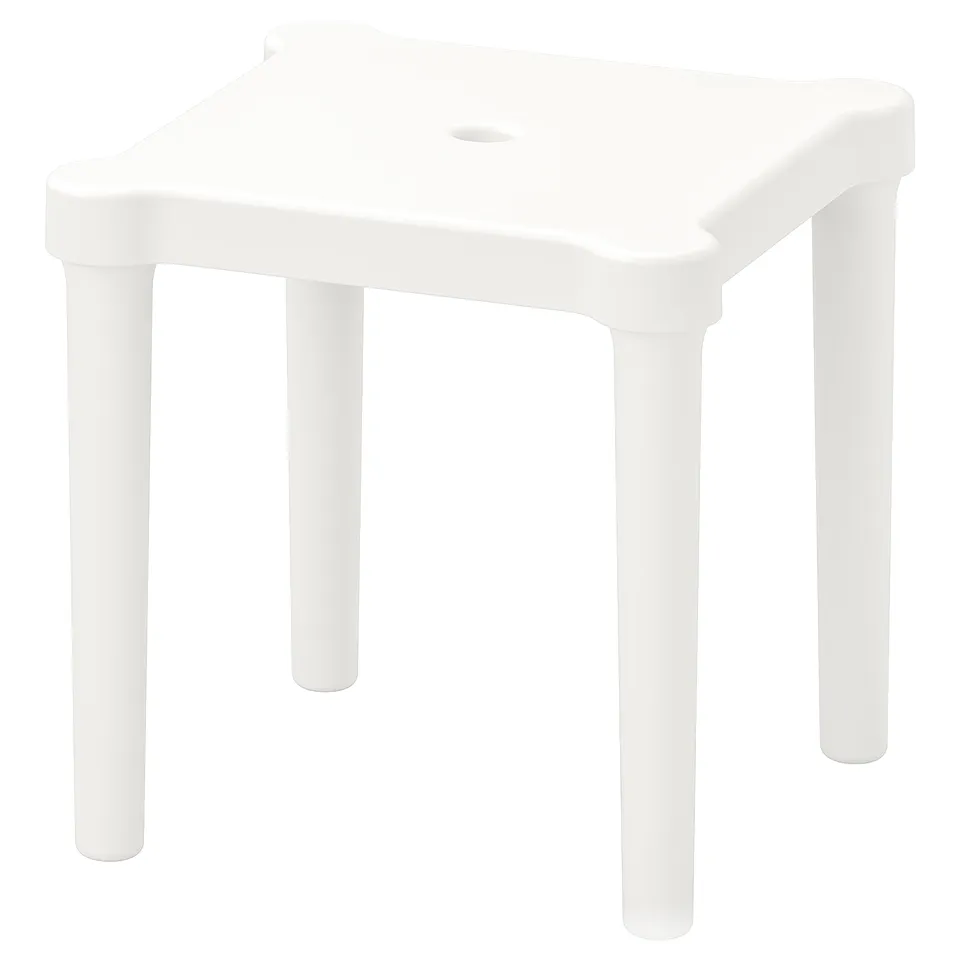A white plastic square UTTER childrens stool. Its sturdy, stackable, and suitable for both indoor and outdoor use.