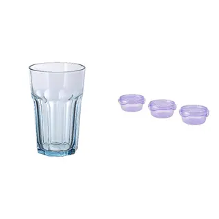 POKAL/PRUTA set: glass + food container with lid, light blue + lilac, 35 cl