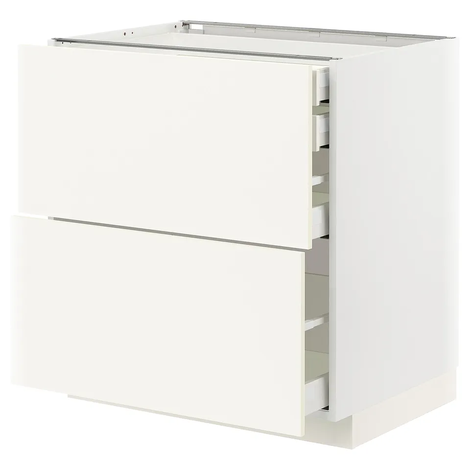 White METOD kitchen cabinet with vallstena fronts, featuring two drawers and a smooth, rectangular design.