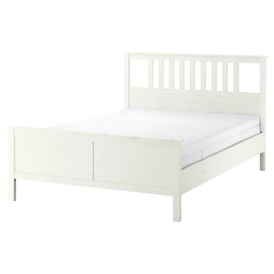 HEMNES white wooden bed, clean design with high head and footboard, stained solid pine, slatted base.