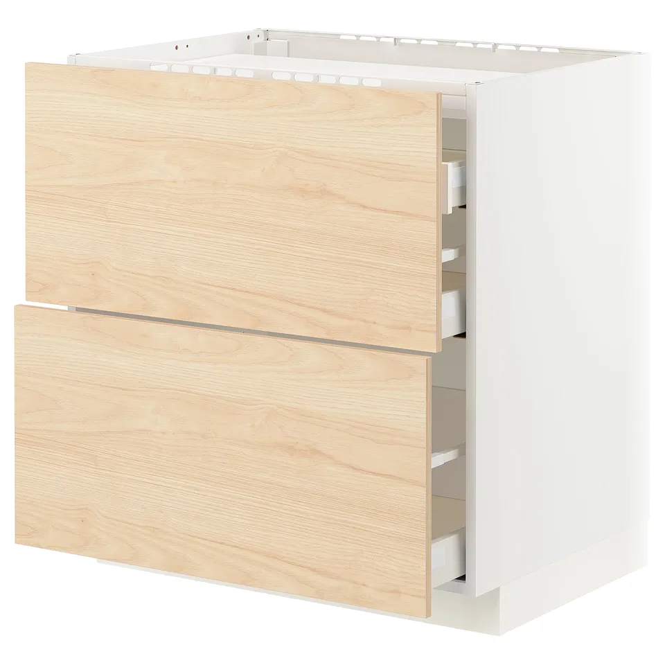 Wooden veins, white cabinet, open drawers or further shortened: wood veins, white cabinet, open drawers