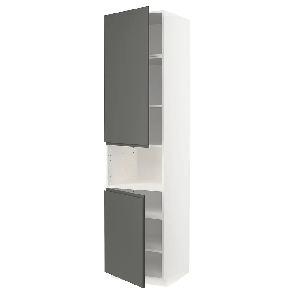Modern tall kitchen cabinet in dark grey, slim handles, white interior, adjustable shelves.