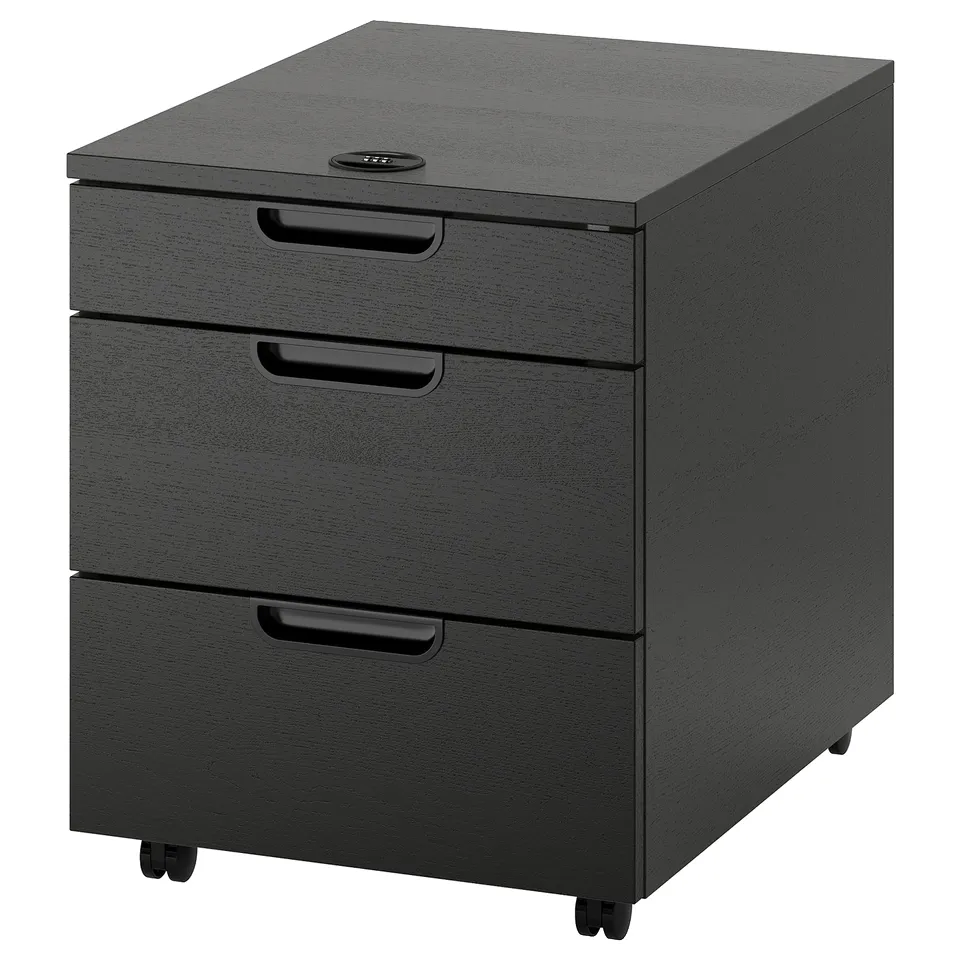 A black GALANT mobile filing cabinet with three drawers and a lock for security. It has a rectangular shape with a sleek design and caster wheels.