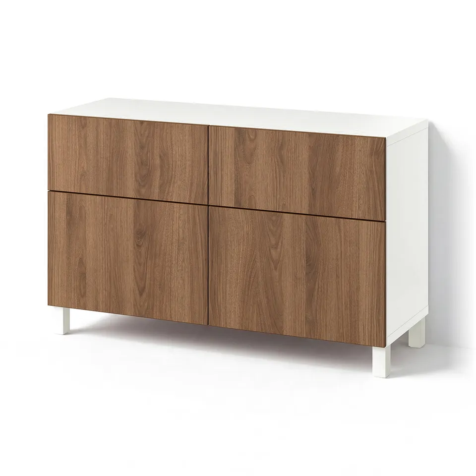 BESTÅ Storage combination w doors/drawers, white Lappviken/Stubbarp/brown walnut effect, 120x42x74 cm