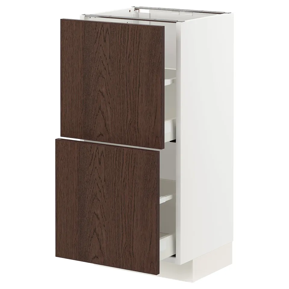 A METOD kitchen unit with dark brown sinarp wood fronts, white base, and drawers.