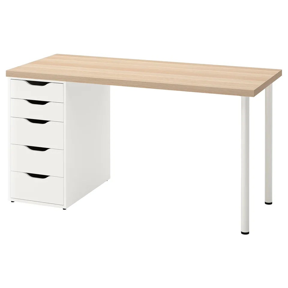 Ikea LAGKAPTEN desk a light wooden top and white drawers. Simple, rectangular design with four metal legs.