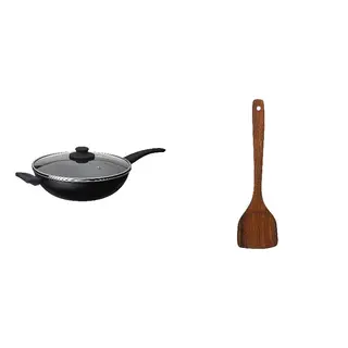 HEMLAGAD/HULDHET set: wok with lid + wok spatula, non-stick coating black + walnut, Height 8 cm
