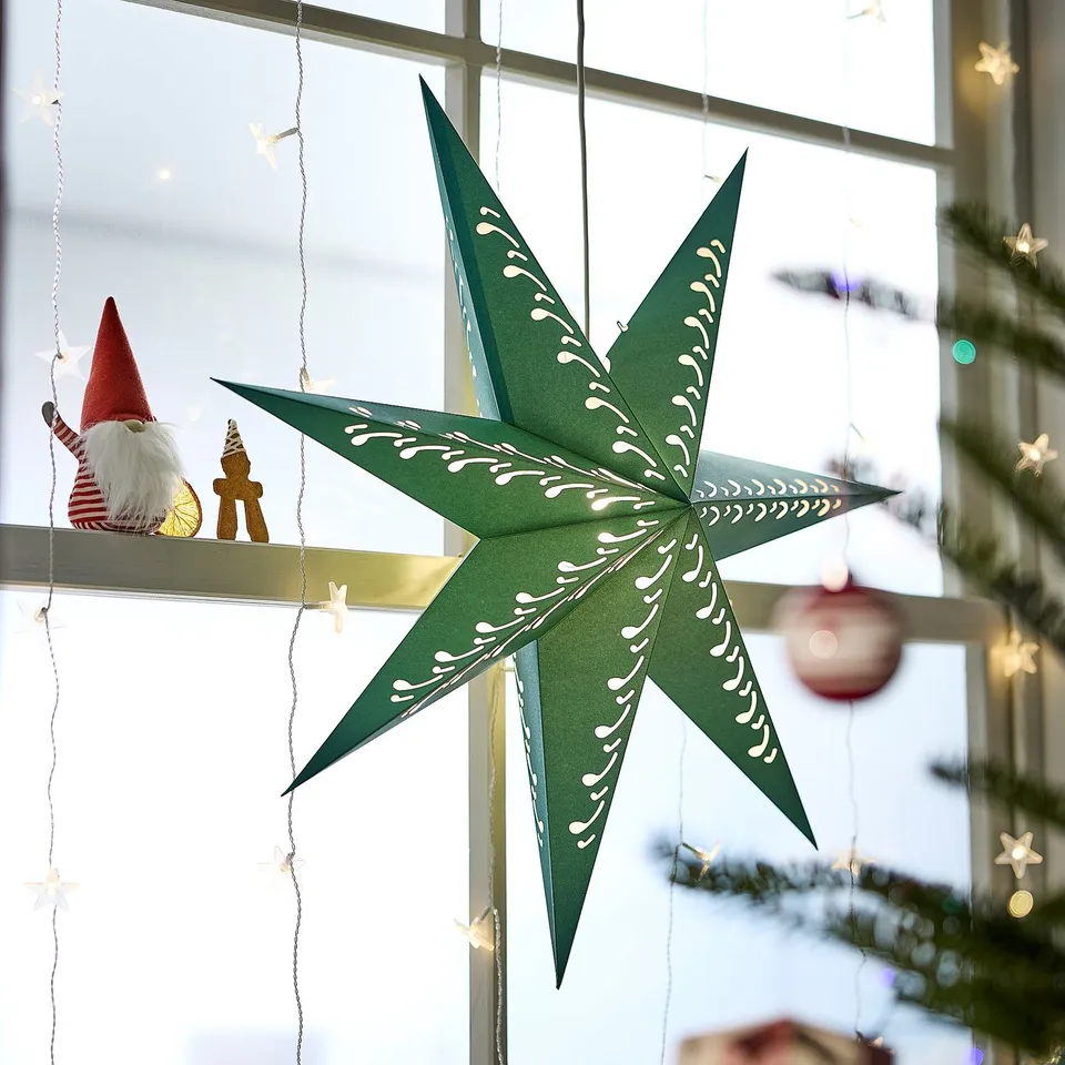 STRÅLA Lamp shade, paper star/green white, 70 cm