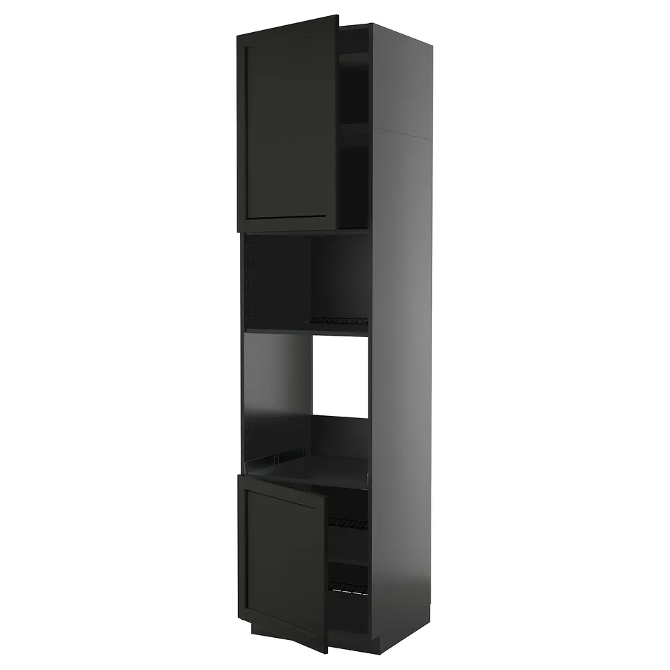 A tall, dark grey METOD kitchen cabinet with a modern design, featuring adjustable shelves and a sleek, bevelled door.