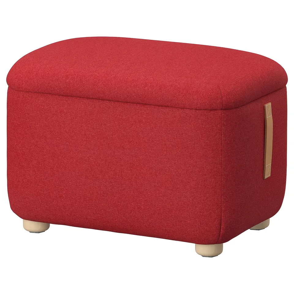 Red fabric footstool, wooden legs, rounded design, storage space under seat.