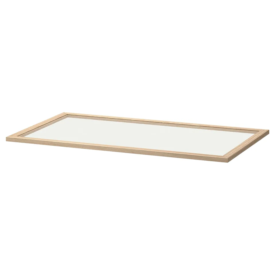 KOMPLEMENT glass shelf, clear, rectangular with wooden frame.