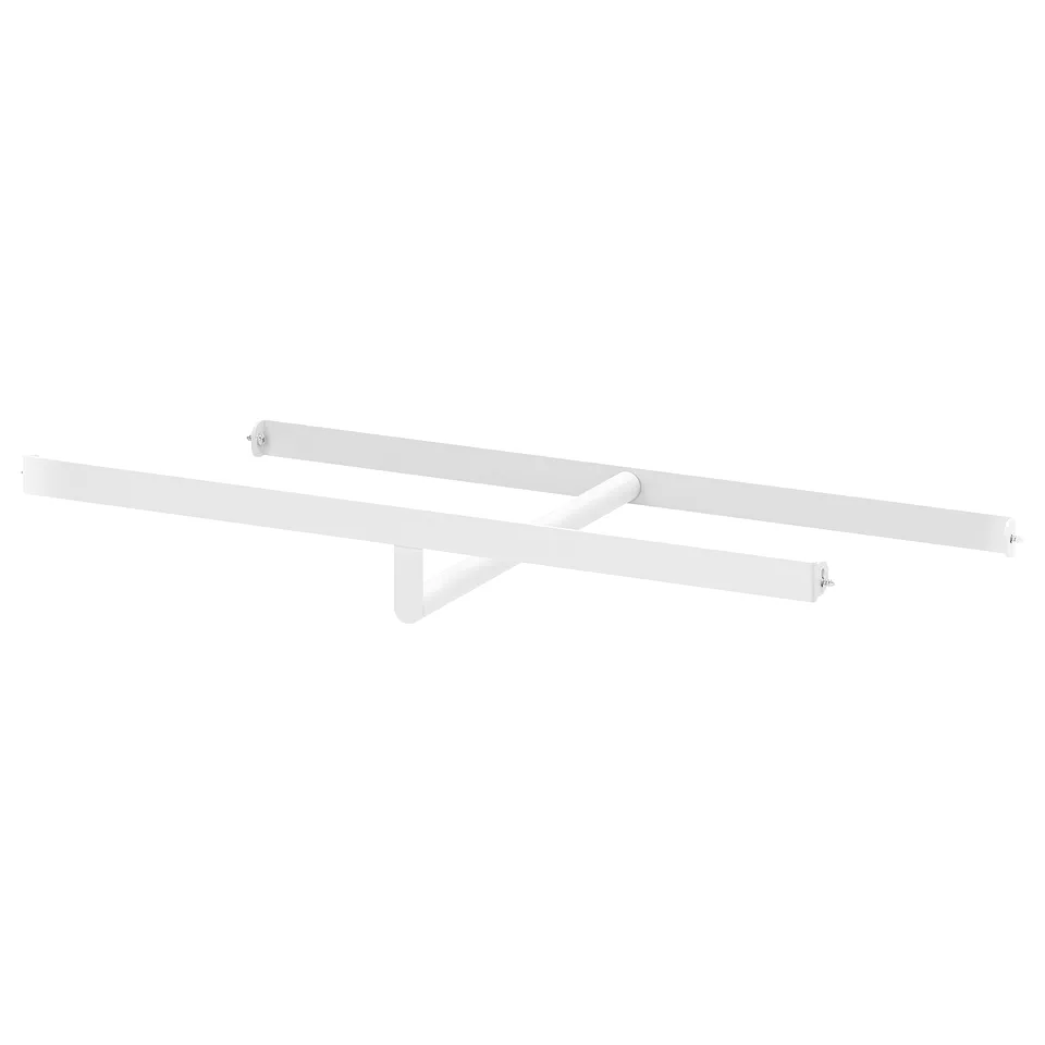A white metal shelf bracket, shaped for wall mounting, with two perpendicular bars.