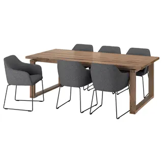 MÖRBYLÅNGA / TOSSBERG table and 6 chairs, oak veneer brown stained/Gunnared dark grey black, 220x100 cm
